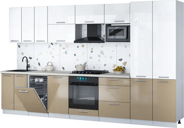 Изображение товара Кухонный гарнитур Интерлиния Мила Gloss 3.5-ПМ4 (капучино глянец/белый глянец/опал светлый)