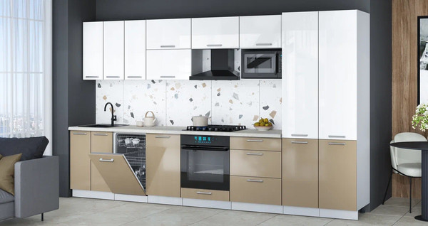 Изображение товара Кухонный гарнитур Интерлиния Мила Gloss 3.5-ПМ4 (капучино глянец/белый глянец/опал светлый)