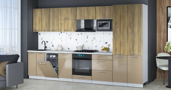 Изображение товара Кухонный гарнитур Интерлиния Мила Gloss 3.5-ПМ4 (капучино глянец/дуб вотан/серый каспий)