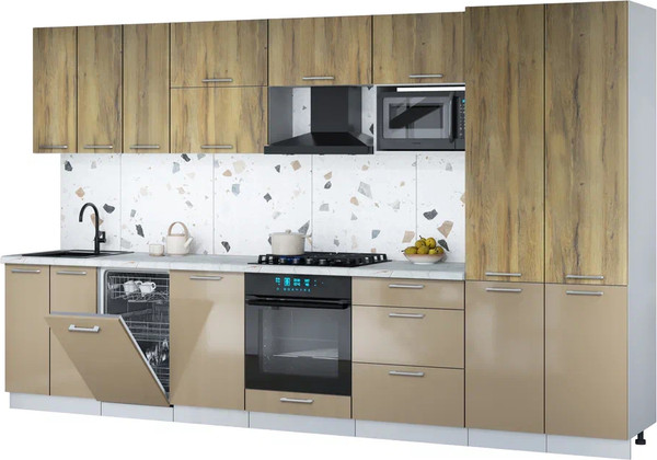 Изображение товара Кухонный гарнитур Интерлиния Мила Gloss 3.5-ПМ4 (капучино глянец/дуб вотан/серый каспий)