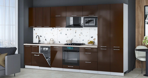 Изображение товара Кухонный гарнитур Интерлиния Мила Gloss 3.5-ПМ4 (шоколад глянец/шоколад глянец/бискайская сосна)