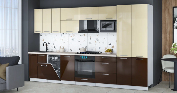 Изображение товара Кухонный гарнитур Интерлиния Мила Gloss 3.5-ПМ4 (шоколад глянец/ваниль глянец/травертин серый)