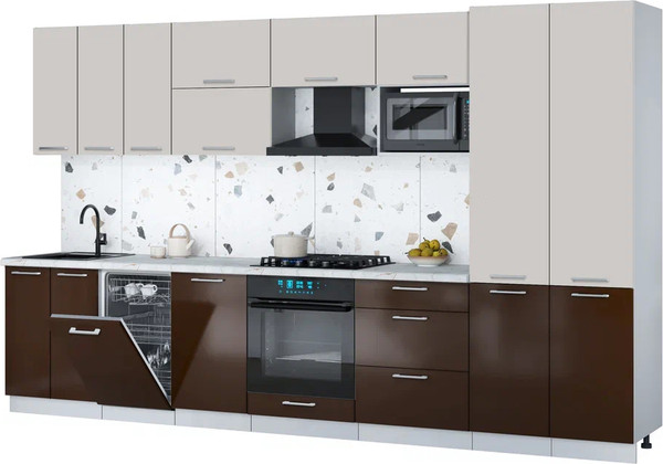 Изображение товара Кухонный гарнитур Интерлиния Мила Gloss 3.5-ПМ4 (шоколад глянец/кашемир/серый каспий)