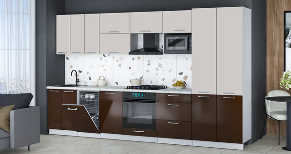 Изображение товара Кухонный гарнитур Интерлиния Мила Gloss 3.5-ПМ4 (шоколад глянец/кашемир/серый каспий)