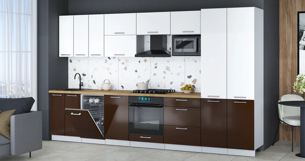 Изображение товара Кухонный гарнитур Интерлиния Мила Gloss 3.5-ПМ4 (шоколад глянец/белый/дуб бунратти)