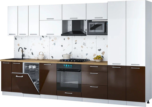 Изображение товара Кухонный гарнитур Интерлиния Мила Gloss 3.5-ПМ4 (шоколад глянец/белый/дуб бунратти)