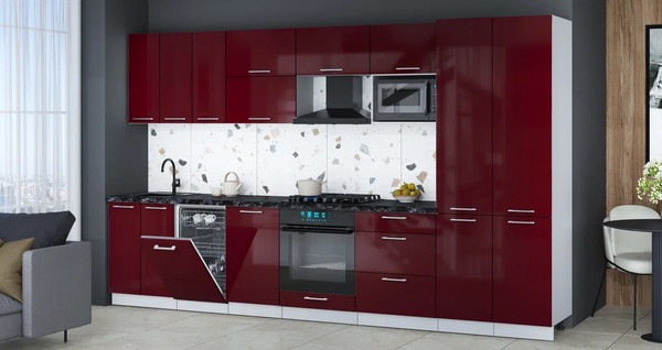 Изображение товара Кухонный гарнитур Интерлиния Мила Gloss 3.5-ПМ4 (бордовый глянец/бордовый глянец/кастилло темный)