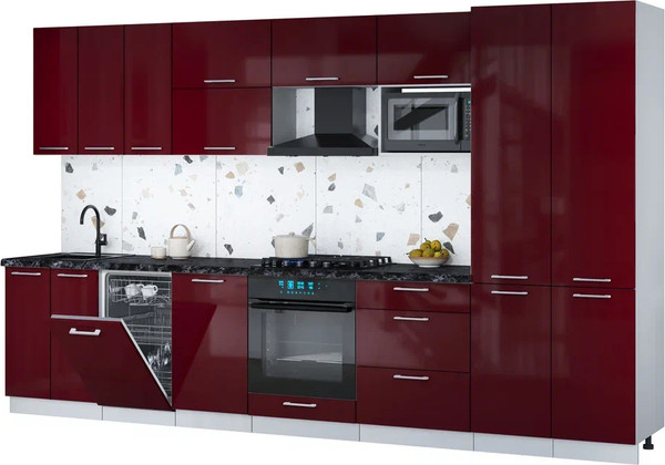 Изображение товара Кухонный гарнитур Интерлиния Мила Gloss 3.5-ПМ4 (бордовый глянец/бордовый глянец/кастилло темный)