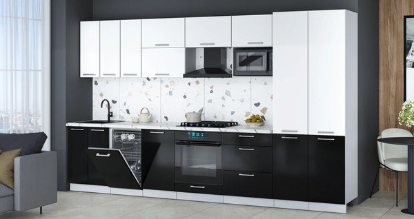 Изображение товара Кухонный гарнитур Интерлиния Мила Gloss 3.5-ПМ4 (черный глянец/белый/белый гранит)