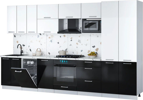 Изображение товара Кухонный гарнитур Интерлиния Мила Gloss 3.5-ПМ4 (черный глянец/белый/белый гранит)