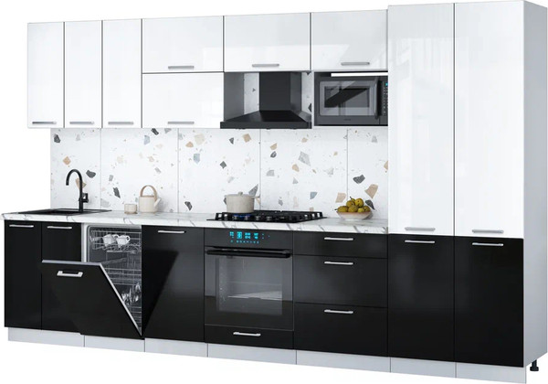 Изображение товара Кухонный гарнитур Интерлиния Мила Gloss 3.5-ПМ4 (черный глянец/белый глянец/белый гранит)
