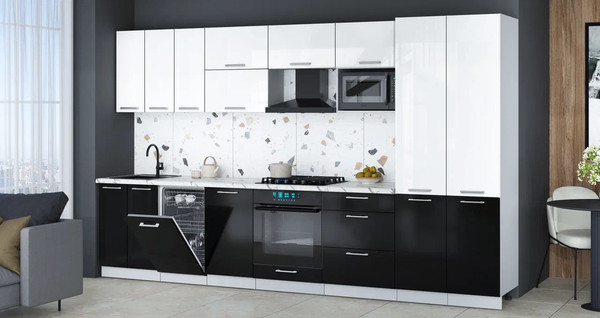 Изображение товара Кухонный гарнитур Интерлиния Мила Gloss 3.5-ПМ4 (черный глянец/белый глянец/белый гранит)