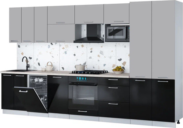 Изображение товара Кухонный гарнитур Интерлиния Мила Gloss 3.5-ПМ4 (черный глянец/грей/бискайская сосна)