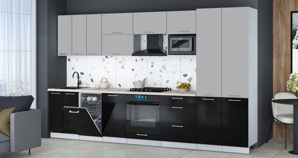 Изображение товара Кухонный гарнитур Интерлиния Мила Gloss 3.5-ПМ4 (черный глянец/грей/бискайская сосна)