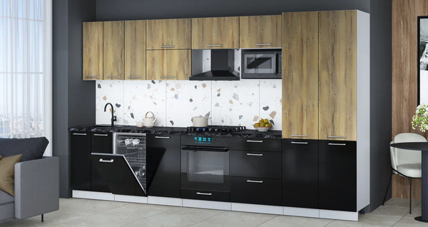 Изображение товара Кухонный гарнитур Интерлиния Мила Gloss 3.5-ПМ4 (черный глянец/дуб вотан/кастилло темный)