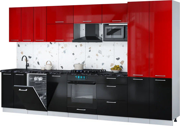 Изображение товара Кухонный гарнитур Интерлиния Мила Gloss 3.5-ПМ4 (черный глянец/красный глянец/кастилло темный)