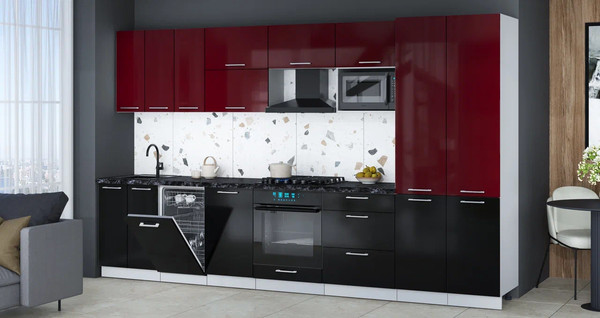Изображение товара Кухонный гарнитур Интерлиния Мила Gloss 3.5-ПМ4 (черный глянец/бордовый глянец/кастилло темный)