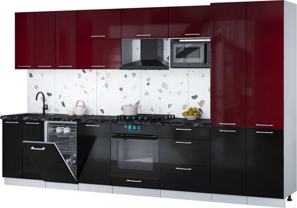 Изображение товара Кухонный гарнитур Интерлиния Мила Gloss 3.5-ПМ4 (черный глянец/бордовый глянец/кастилло темный)