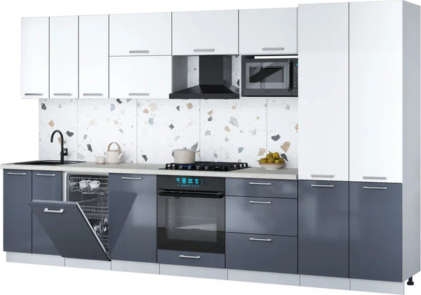 Изображение товара Кухонный гарнитур Интерлиния Мила Gloss 3.5-ПМ4 (асфальт глянец/белый/опал светлый)