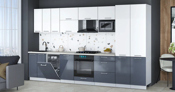 Изображение товара Кухонный гарнитур Интерлиния Мила Gloss 3.5-ПМ4 (асфальт глянец/белый/опал светлый)