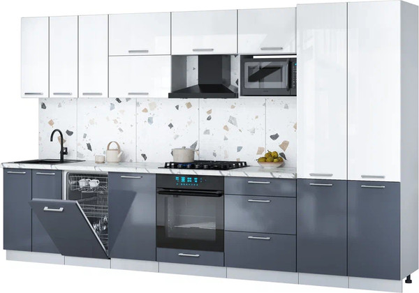 Изображение товара Кухонный гарнитур Интерлиния Мила Gloss 3.5-ПМ4 (асфальт глянец/белый глянец/белый гранит)