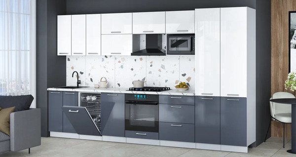 Изображение товара Кухонный гарнитур Интерлиния Мила Gloss 3.5-ПМ4 (асфальт глянец/белый глянец/белый гранит)