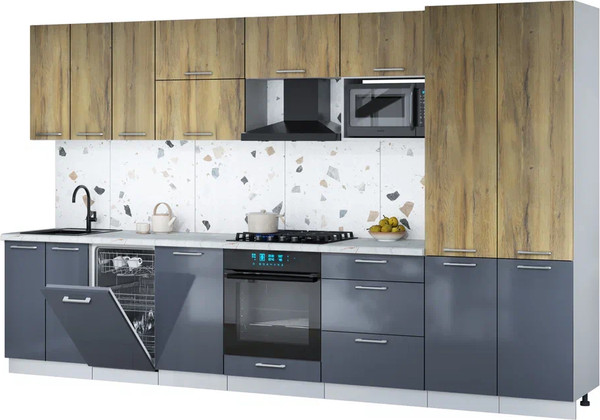 Изображение товара Кухонный гарнитур Интерлиния Мила Gloss 3.5-ПМ4 (асфальт глянец/дуб вотан/серый каспий)