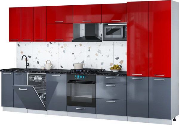 Изображение товара Кухонный гарнитур Интерлиния Мила Gloss 3.5-ПМ4 (асфальт глянец/красный глянец/кастилло темный)