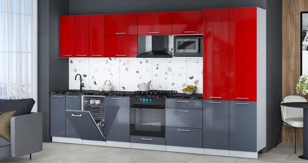 Изображение товара Кухонный гарнитур Интерлиния Мила Gloss 3.5-ПМ4 (асфальт глянец/красный глянец/кастилло темный)