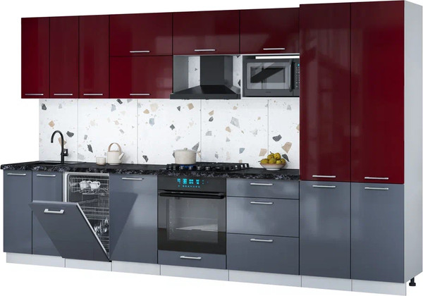 Изображение товара Кухонный гарнитур Интерлиния Мила Gloss 3.5-ПМ4 (асфальт глянец/бордовый глянец/кастилло темный)