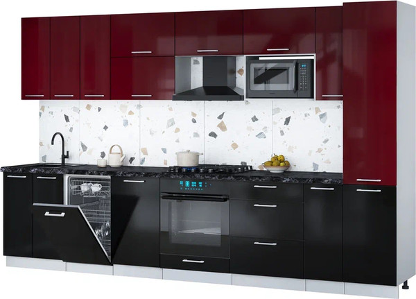 Изображение товара Кухонный гарнитур Интерлиния Мила Gloss 3.4-ПМ4 (черный глянец/бордовый глянец/кастилло темный)
