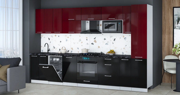 Изображение товара Кухонный гарнитур Интерлиния Мила Gloss 3.4-ПМ4 (черный глянец/бордовый глянец/кастилло темный)