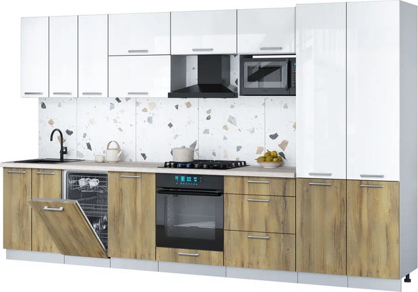 Изображение товара Кухонный гарнитур Интерлиния Мила Gloss 3.5-ПМ4 (дуб вотан/белый глянец/травертин серый)
