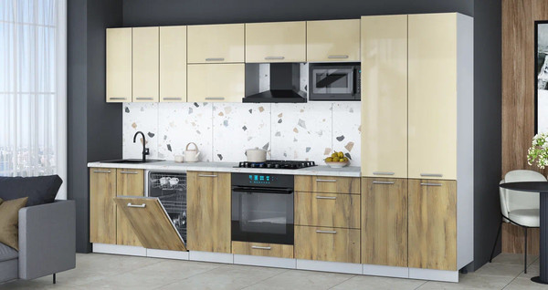 Изображение товара Кухонный гарнитур Интерлиния Мила Gloss 3.5-ПМ4 (дуб вотан/ваниль глянец/серый каспий)