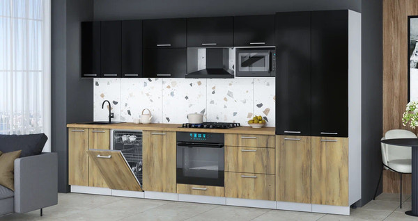 Изображение товара Кухонный гарнитур Интерлиния Мила Gloss 3.5-ПМ4 (дуб вотан/черный глянец/дуб бунратти)