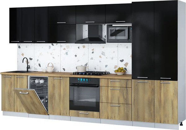 Изображение товара Кухонный гарнитур Интерлиния Мила Gloss 3.5-ПМ4 (дуб вотан/черный глянец/дуб бунратти)