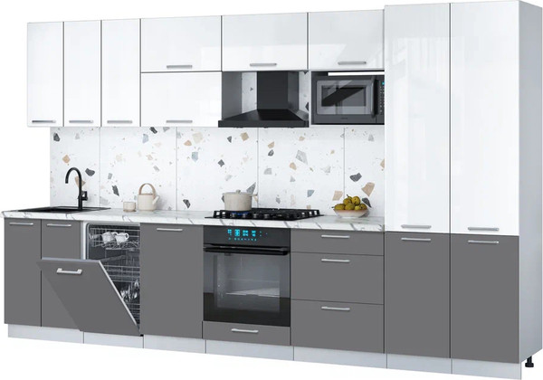 Изображение товара Кухонный гарнитур Интерлиния Мила Gloss 3.5-ПМ4 (серый/белый глянец/белый гранит)