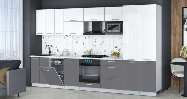 Изображение товара Кухонный гарнитур Интерлиния Мила Gloss 3.5-ПМ4 (серый/белый глянец/белый гранит)