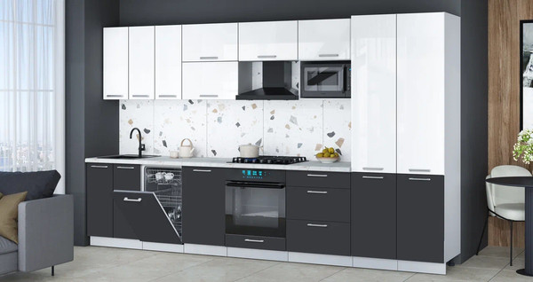 Изображение товара Кухонный гарнитур Интерлиния Мила Gloss 3.5-ПМ4 (пепел/белый глянец/серый каспий)