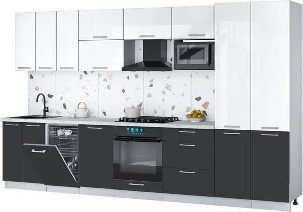 Изображение товара Кухонный гарнитур Интерлиния Мила Gloss 3.5-ПМ4 (пепел/белый глянец/серый каспий)