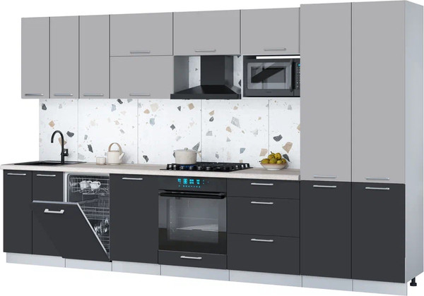 Изображение товара Кухонный гарнитур Интерлиния Мила Gloss 3.5-ПМ4 (пепел/грей/травертин серый)