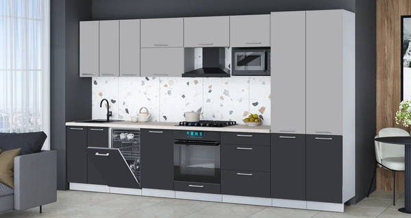 Изображение товара Кухонный гарнитур Интерлиния Мила Gloss 3.5-ПМ4 (пепел/грей/травертин серый)