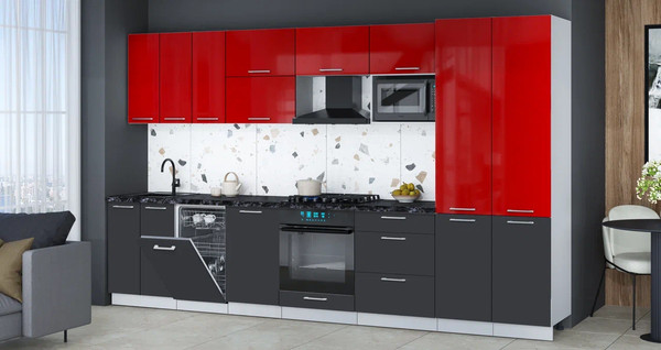 Изображение товара Кухонный гарнитур Интерлиния Мила Gloss 3.5-ПМ4 (пепел/красный глянец/кастилло темный)