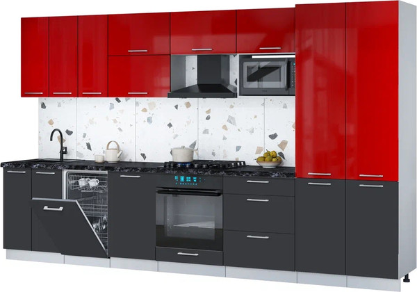 Изображение товара Кухонный гарнитур Интерлиния Мила Gloss 3.5-ПМ4 (пепел/красный глянец/кастилло темный)
