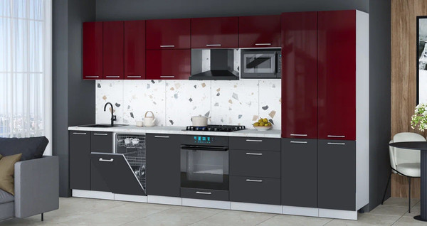 Изображение товара Кухонный гарнитур Интерлиния Мила Gloss 3.5-ПМ4 (пепел/бордовый глянец/серый каспий)