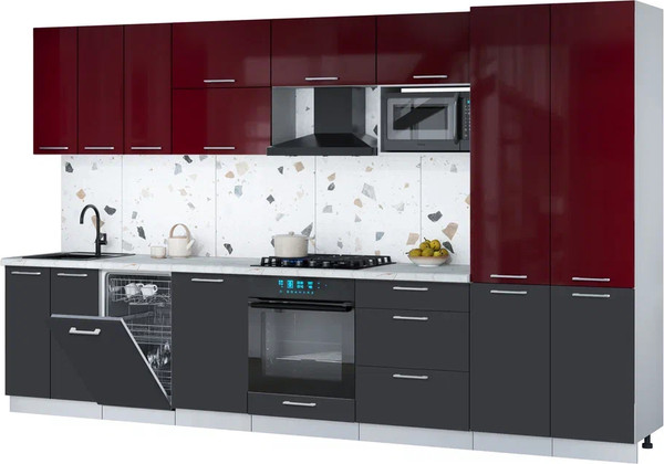Изображение товара Кухонный гарнитур Интерлиния Мила Gloss 3.5-ПМ4 (пепел/бордовый глянец/серый каспий)