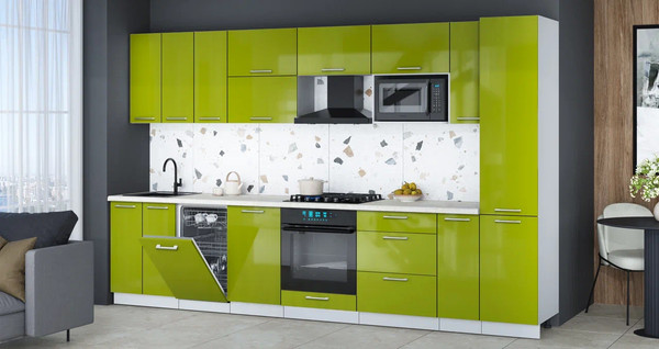 Изображение товара Кухонный гарнитур Интерлиния Мила Gloss 3.4-ПМ4 (черный глянец/яблоко глянец/травертин серый)