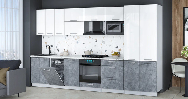 Изображение товара Кухонный гарнитур Интерлиния Мила Gloss 3.5-ПМ4 (керамика/белый глянец/белый гранит)