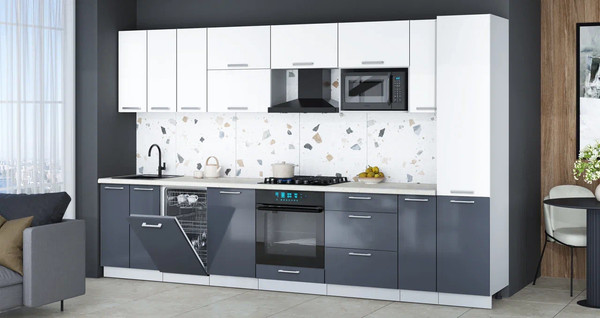 Изображение товара Кухонный гарнитур Интерлиния Мила Gloss 3.4-ПМ4 (асфальт глянец/белый/опал светлый)