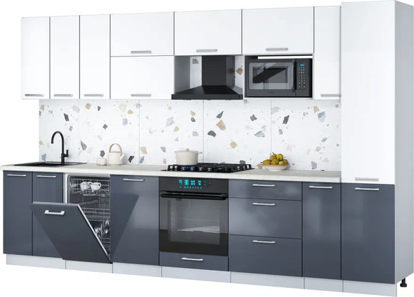 Изображение товара Кухонный гарнитур Интерлиния Мила Gloss 3.4-ПМ4 (асфальт глянец/белый/опал светлый)